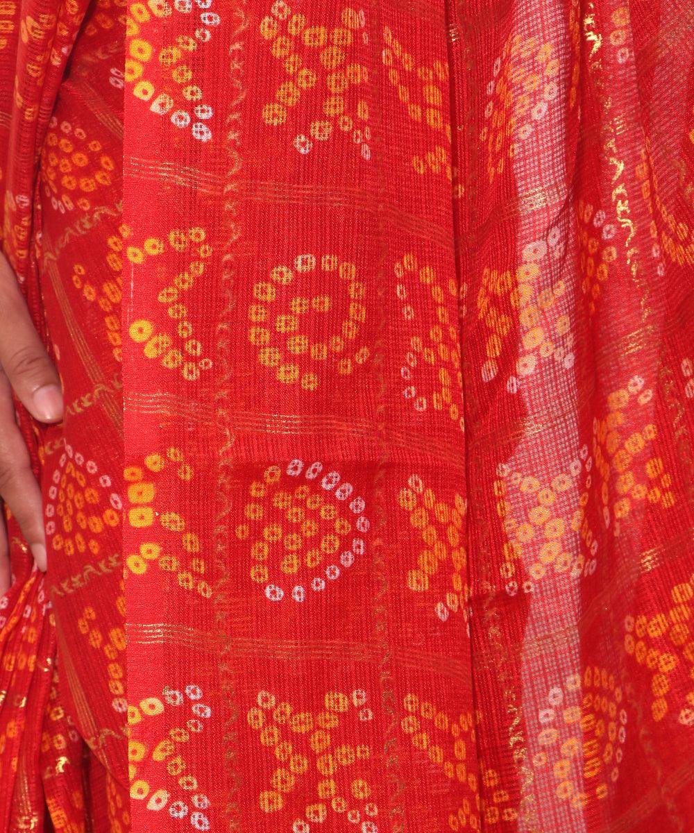 Red Colour Bandhani Pattern Foil Print Kota Doria Saree