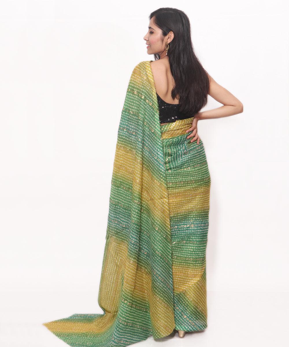 Green Colour Bandhani Pattern Foil Print Kota Doria Saree