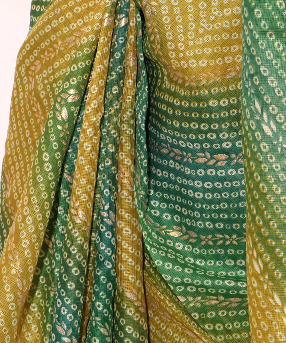 Green Colour Bandhani Pattern Foil Print Kota Doria Saree