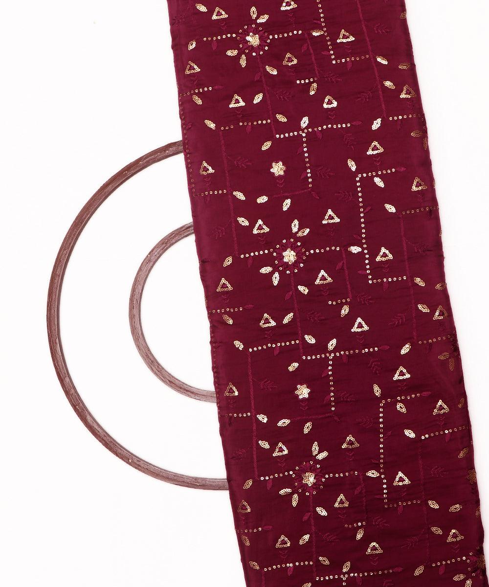 Wine Colour Sequin Embroidery Uppada Silk Fabric - Fabric Dekho