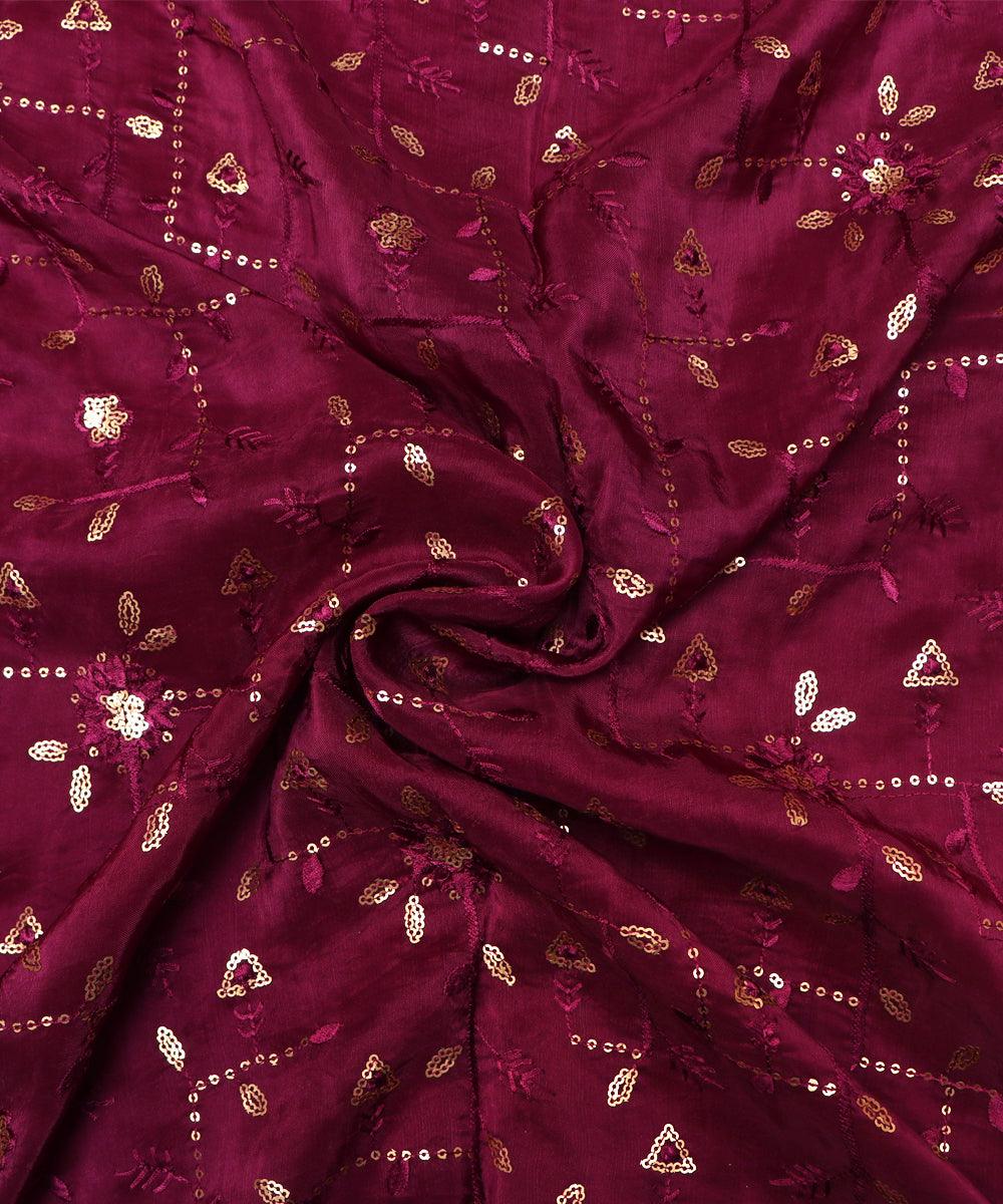 Wine Colour Sequin Embroidery Uppada Silk Fabric - Fabric Dekho