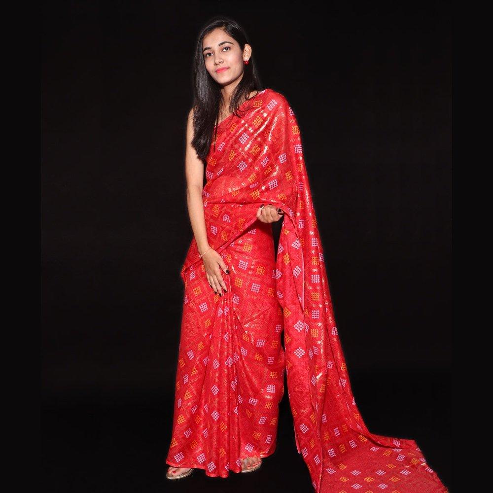 Red Colour Bandhani Pattern Foil Print Kota Doria Saree