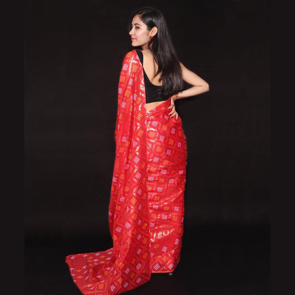 Red Colour Bandhani Pattern Foil Print Kota Doria Saree
