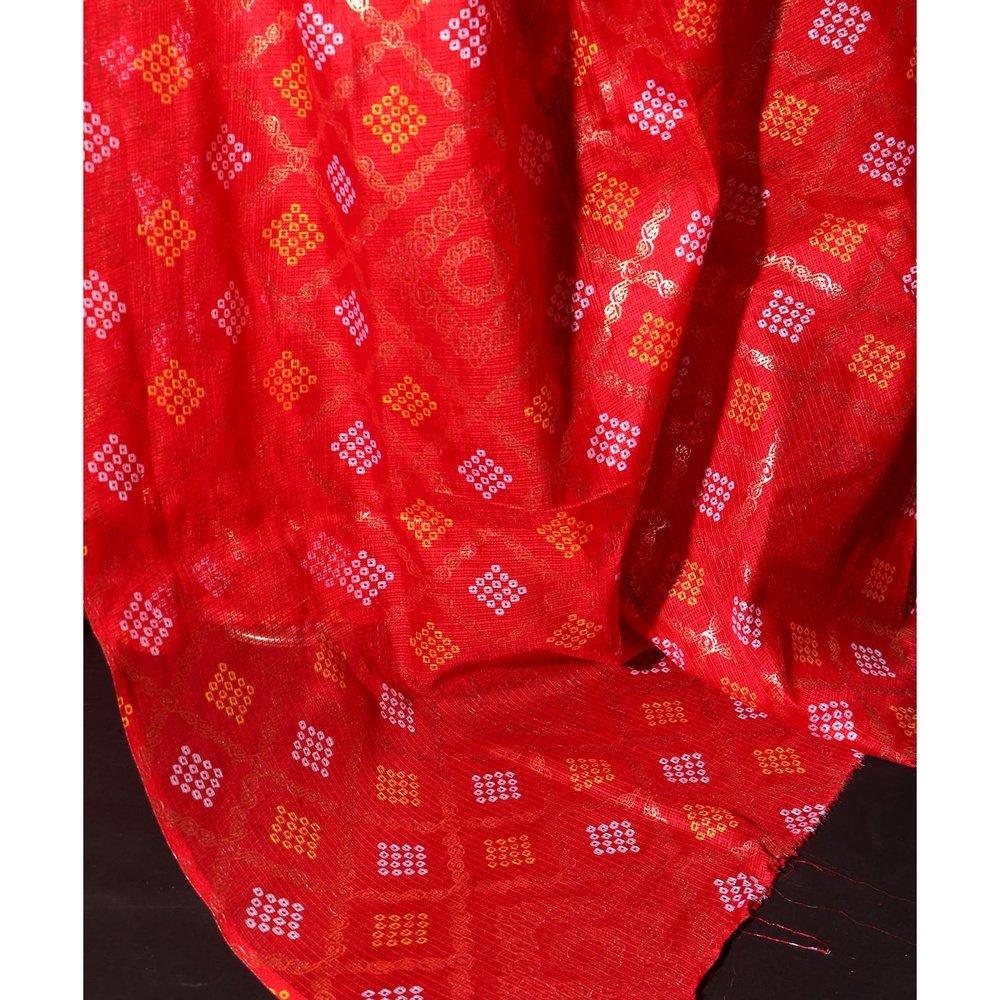 Red Colour Bandhani Pattern Foil Print Kota Doria Saree