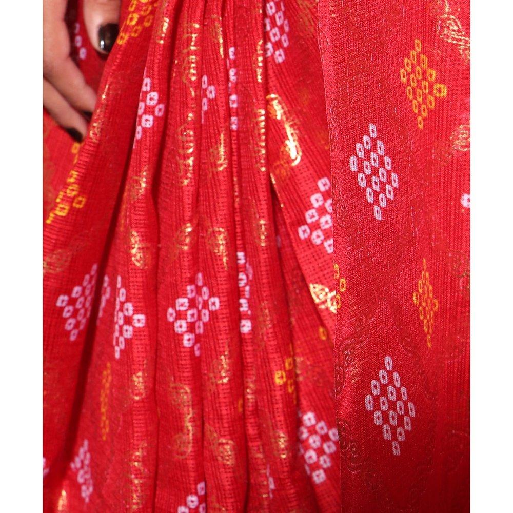 Red Colour Bandhani Pattern Foil Print Kota Doria Saree