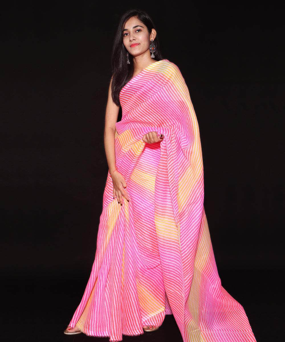 Pink Colour Lehariya Print Kota Doria Saree