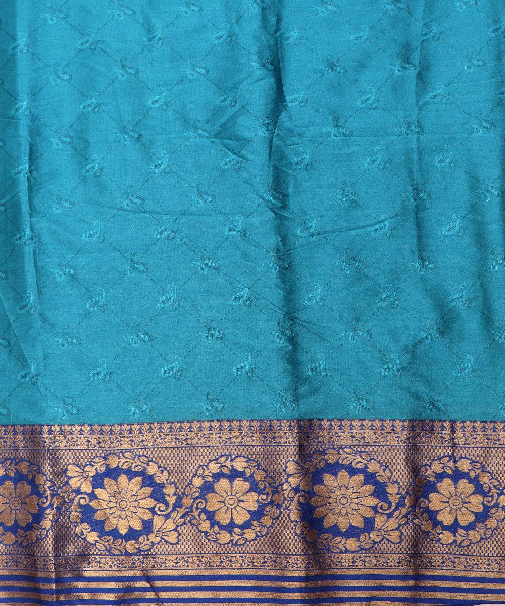 Light Blue Colour Double Side Border Paisley Pattern Brocade Silk Fabric - Fabric Dekho