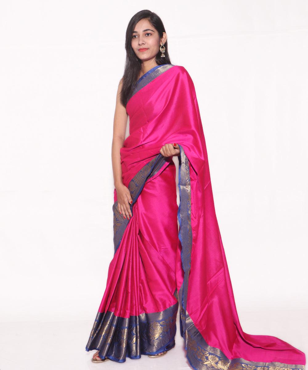 Magenta Colour Floral Print Silk Border Saree