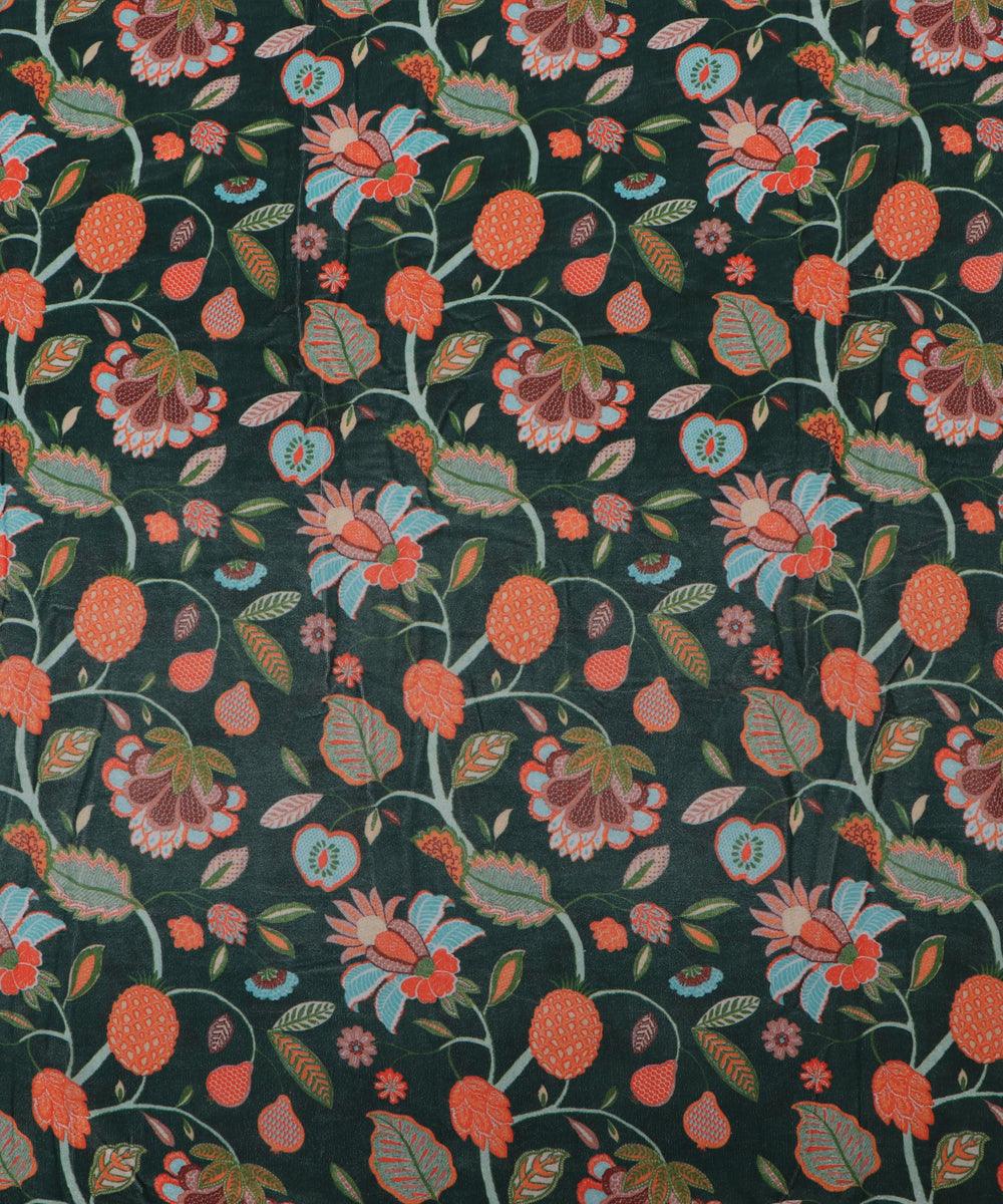 Bottle Green Colour Floral Digital Print Velvet Fabric