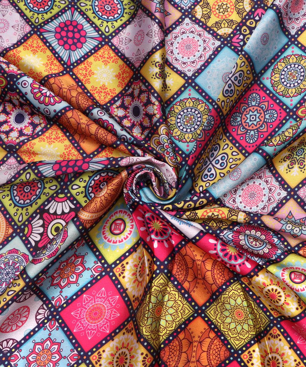 Multi Colour Abstract Print Satin Fabric