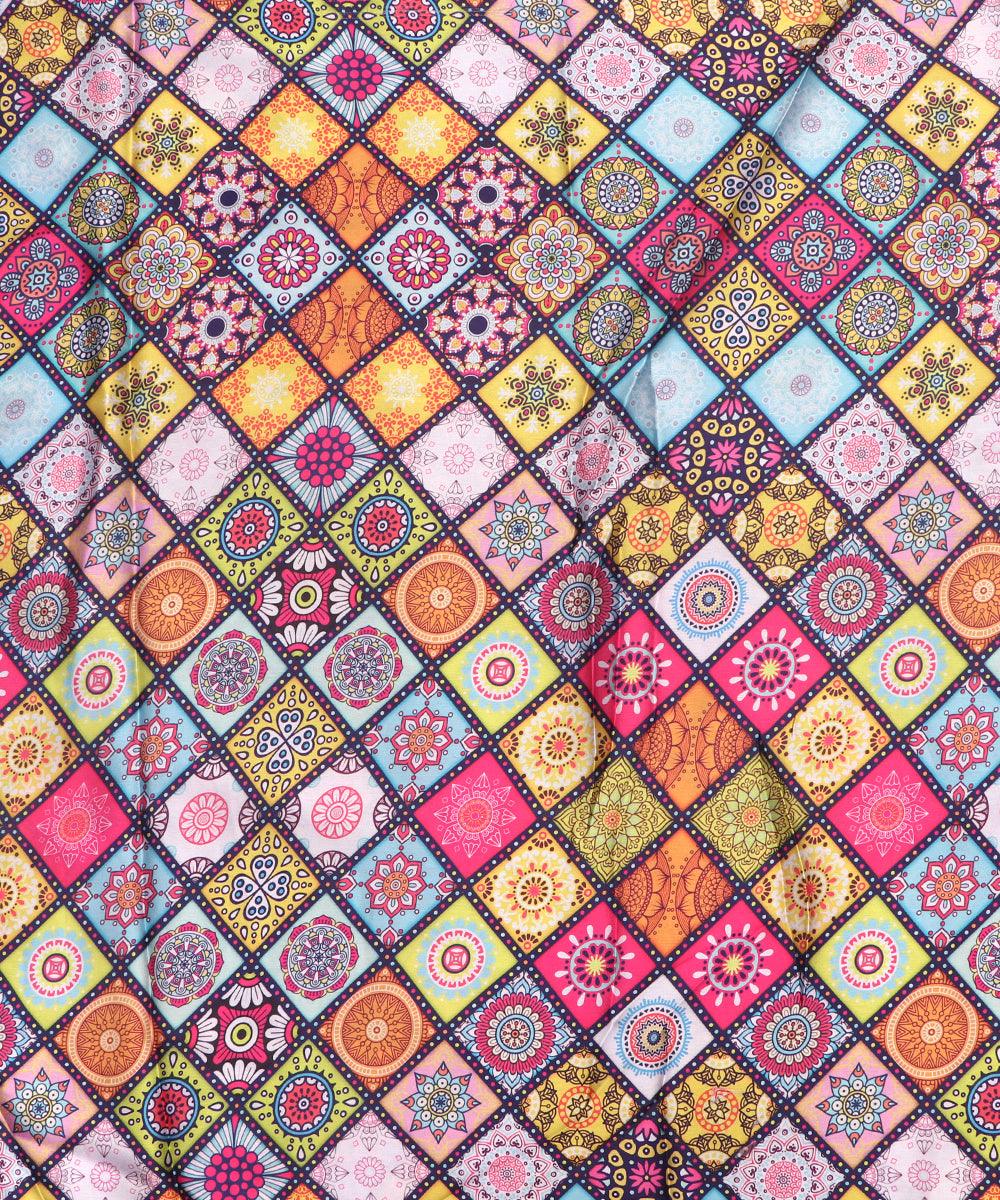 Multi Colour Abstract Print Satin Fabric - Fabric Dekho