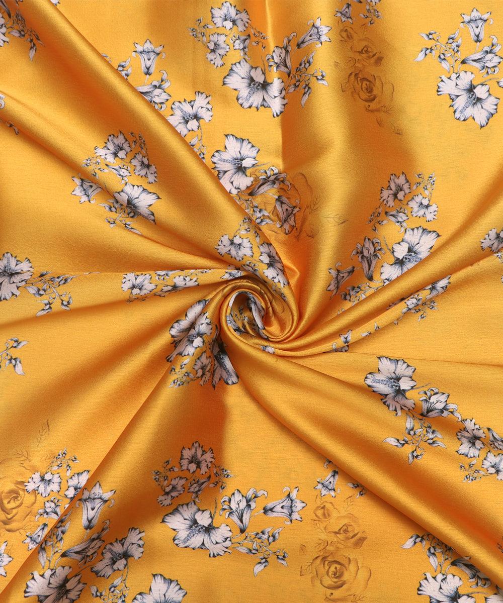 Yellow  Colour Floral Print Satin Fabric