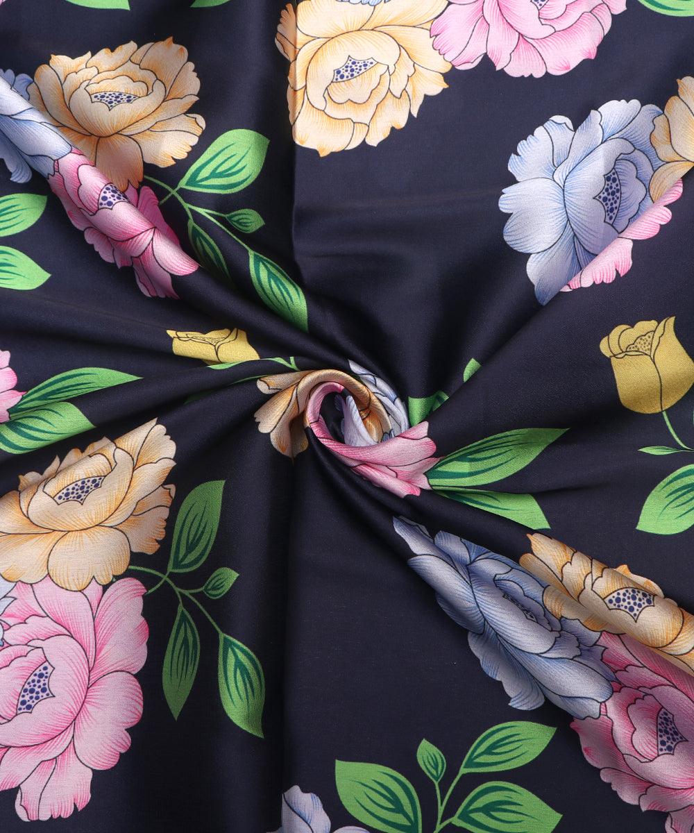 Blue Colour Floral Print Satin Fabric