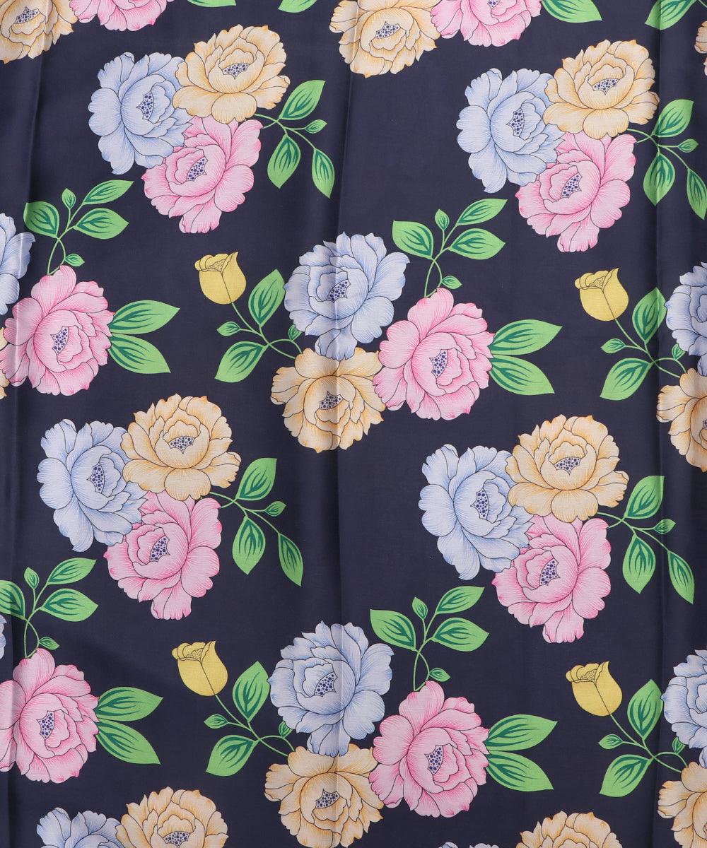 Blue Colour Floral Print Satin Fabric