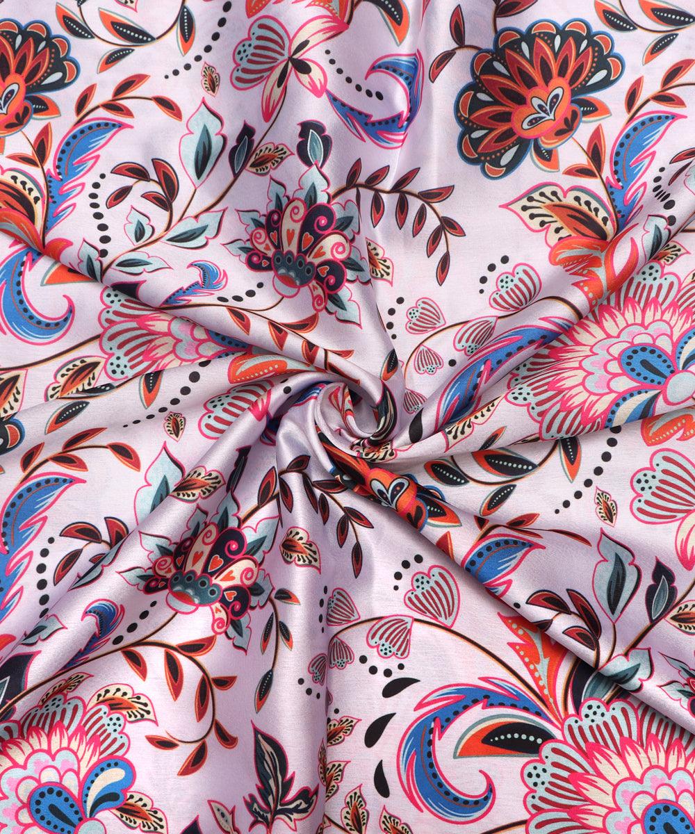 White Colour Floral Print Satin Fabric