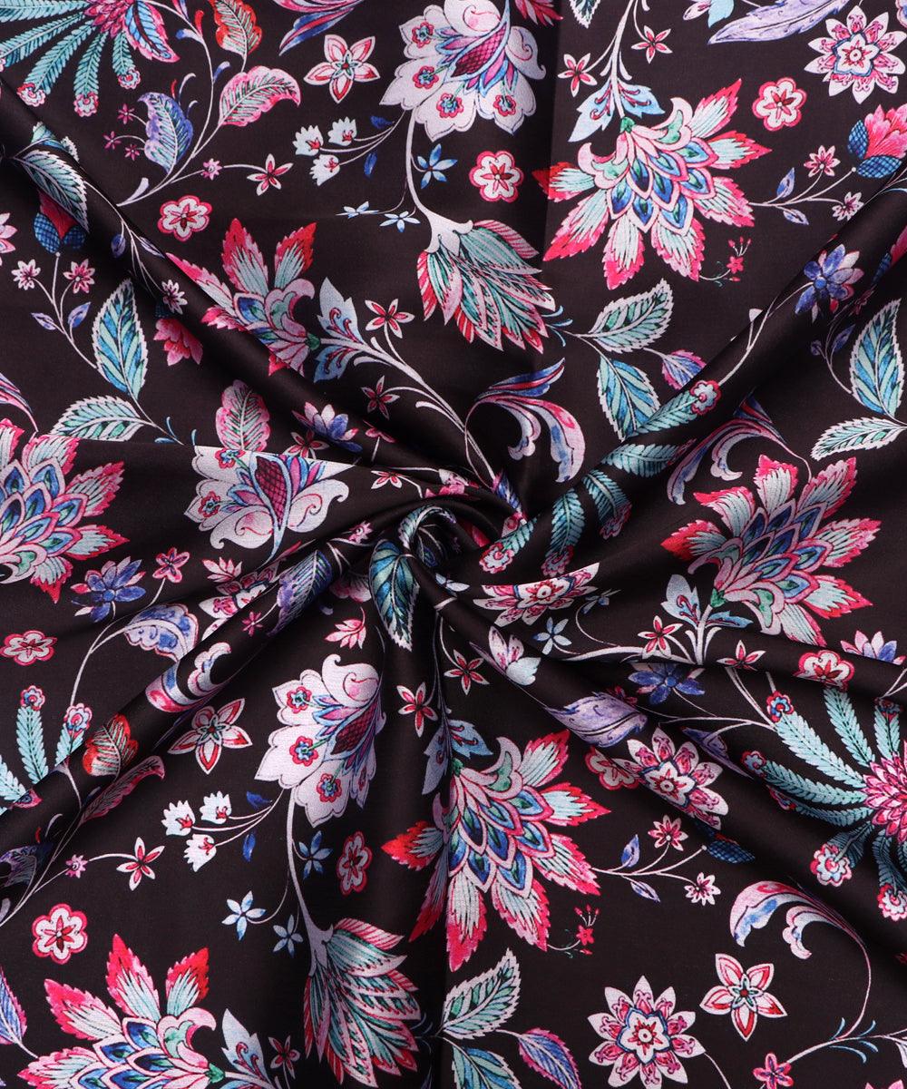 Black Colour Floral Print Satin Fabric