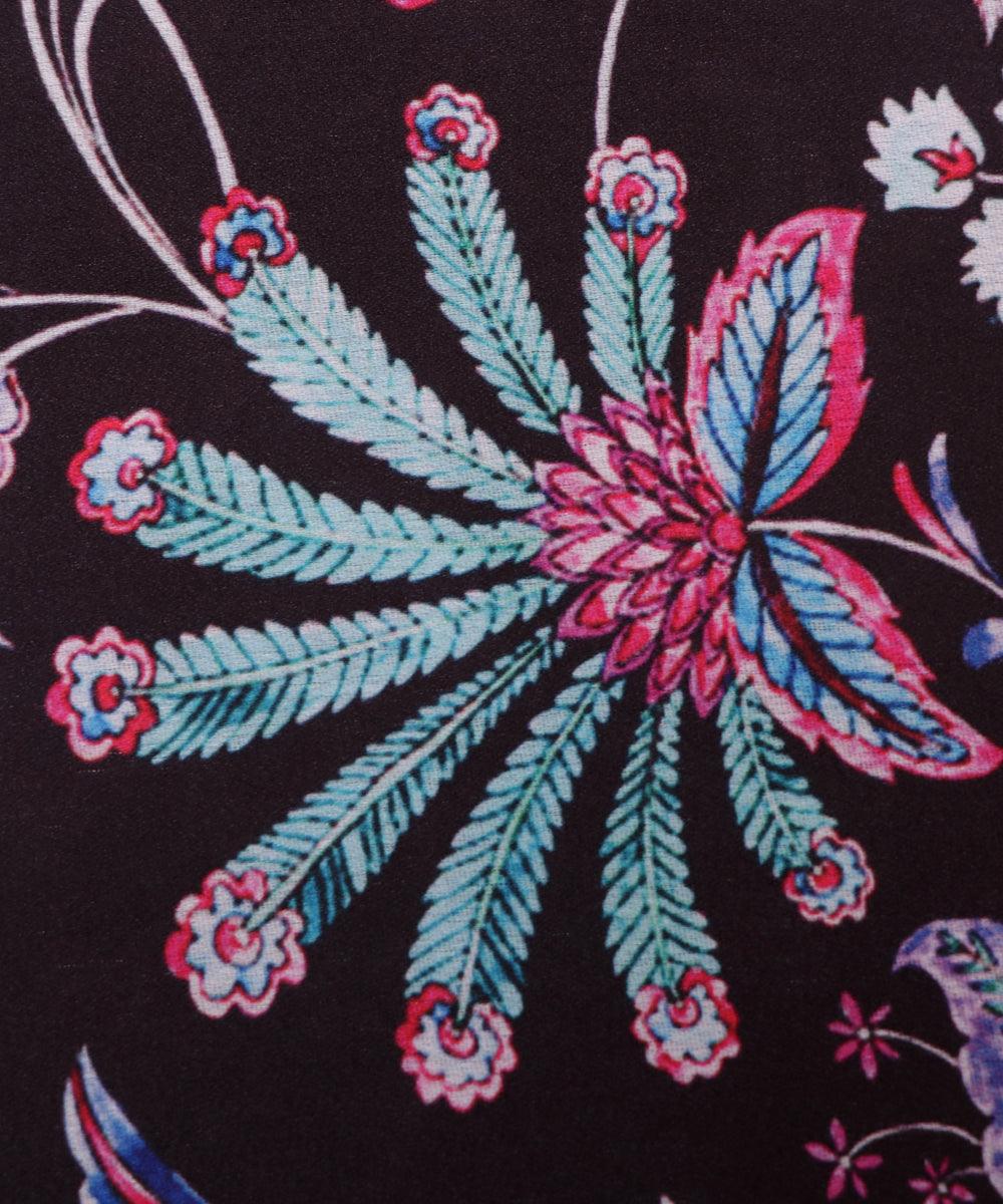 Black Colour Floral Print Satin Fabric