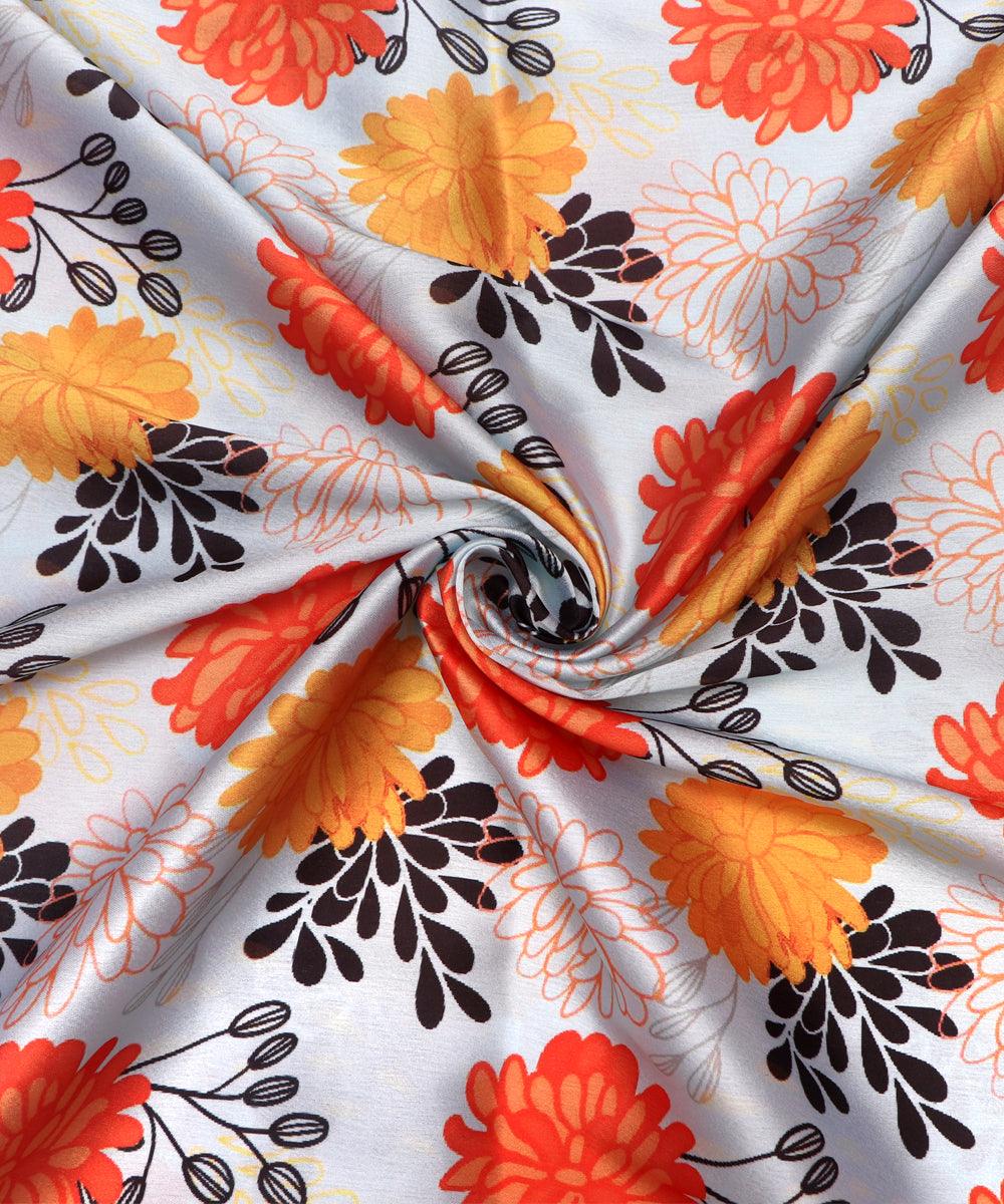 Cyan Colour Floral Print Satin Fabric