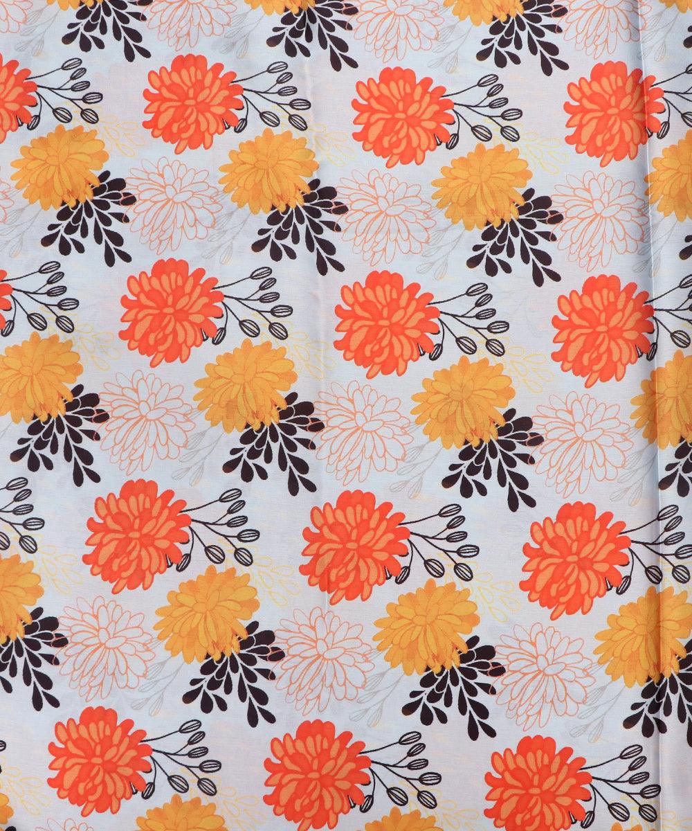 Cyan Colour Floral Print Satin Fabric