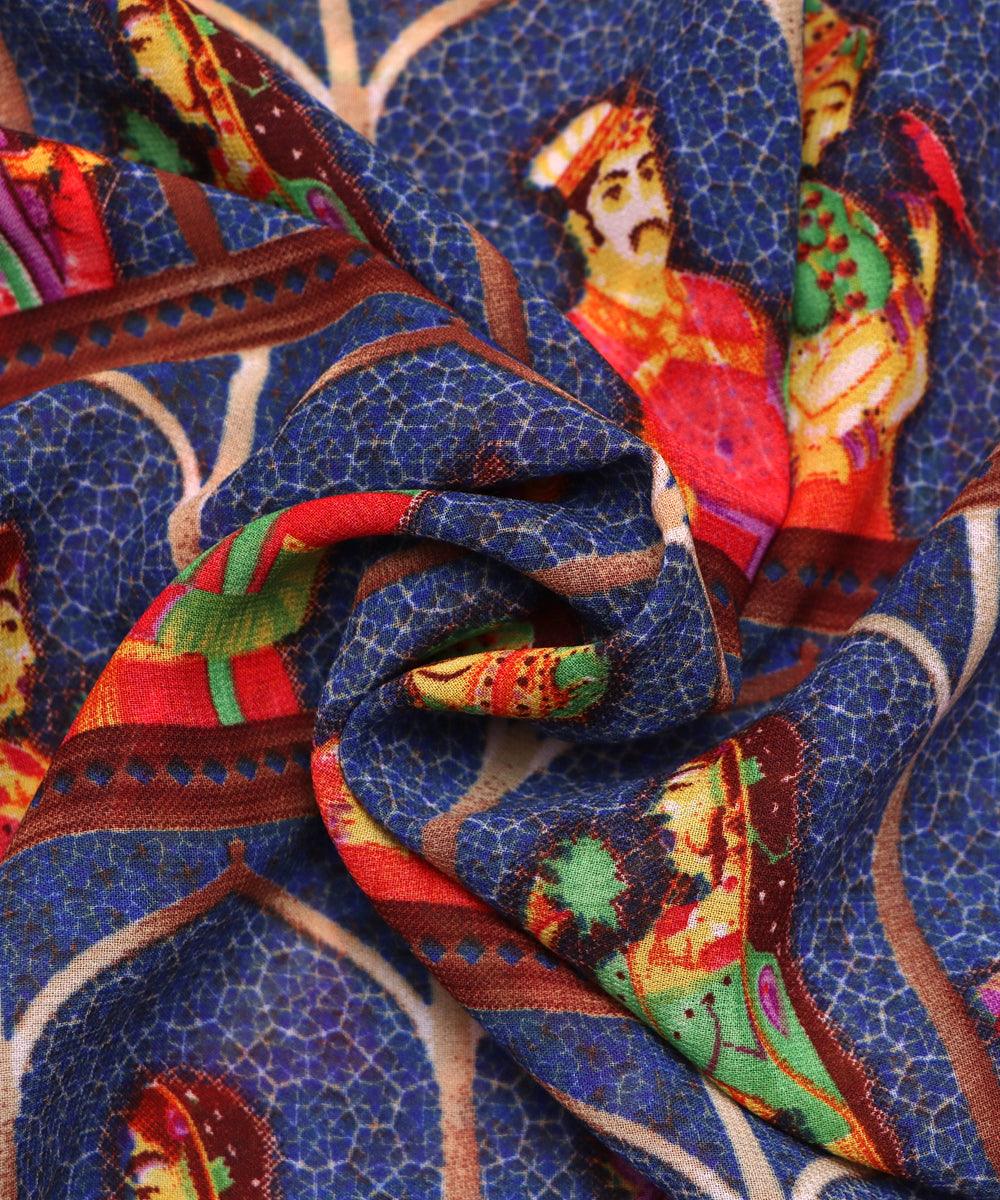 dark blue red multi figure print viscose georgette fabric