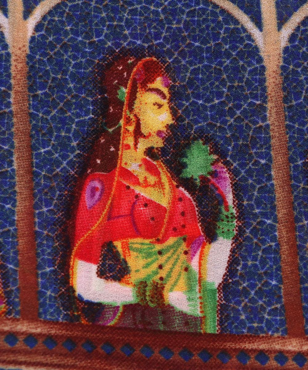 dark blue red multi figure print viscose georgette fabric