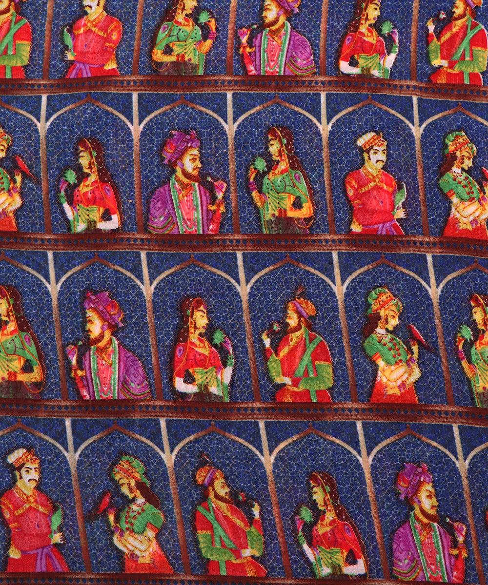 dark blue red multi figure print viscose georgette fabric
