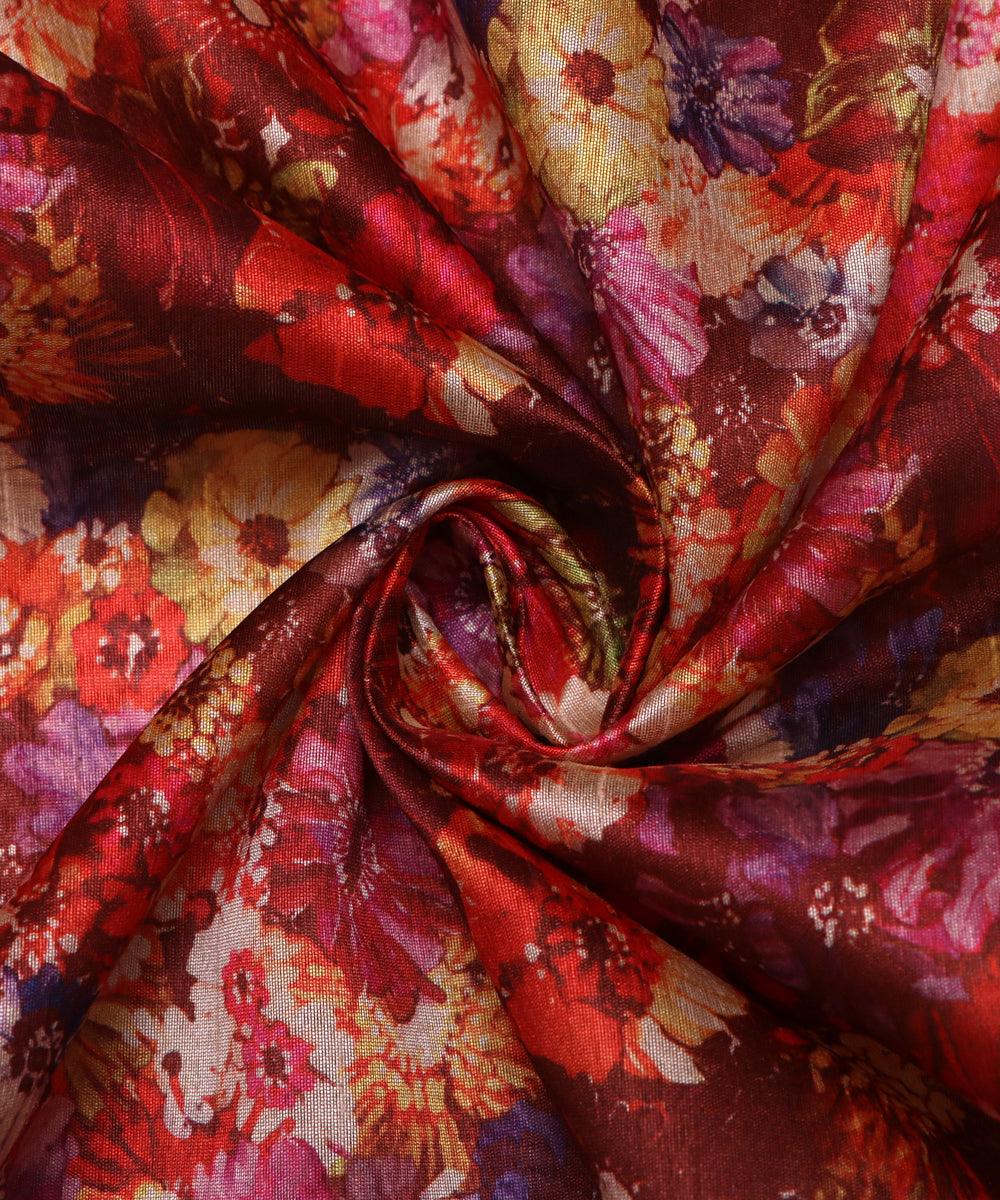 maroon color floral print digital silk fabric