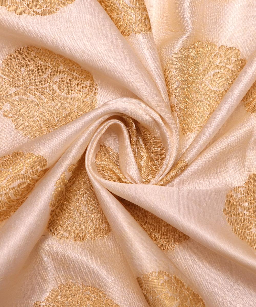 white and golden floral pattern pure dyeable banarasi silk fabric b135 4274