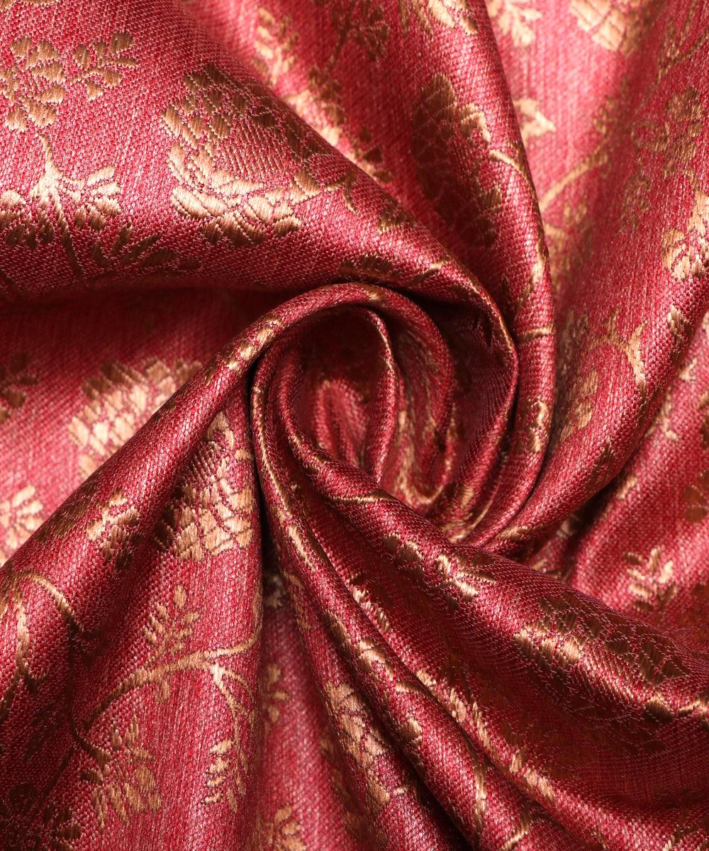 rust red golden floral banarasi brocade silk fabric