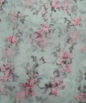 sea green and pink floral print organza fabric