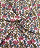 Light Mint Floral Pattern Screen Print Cotton Fabric