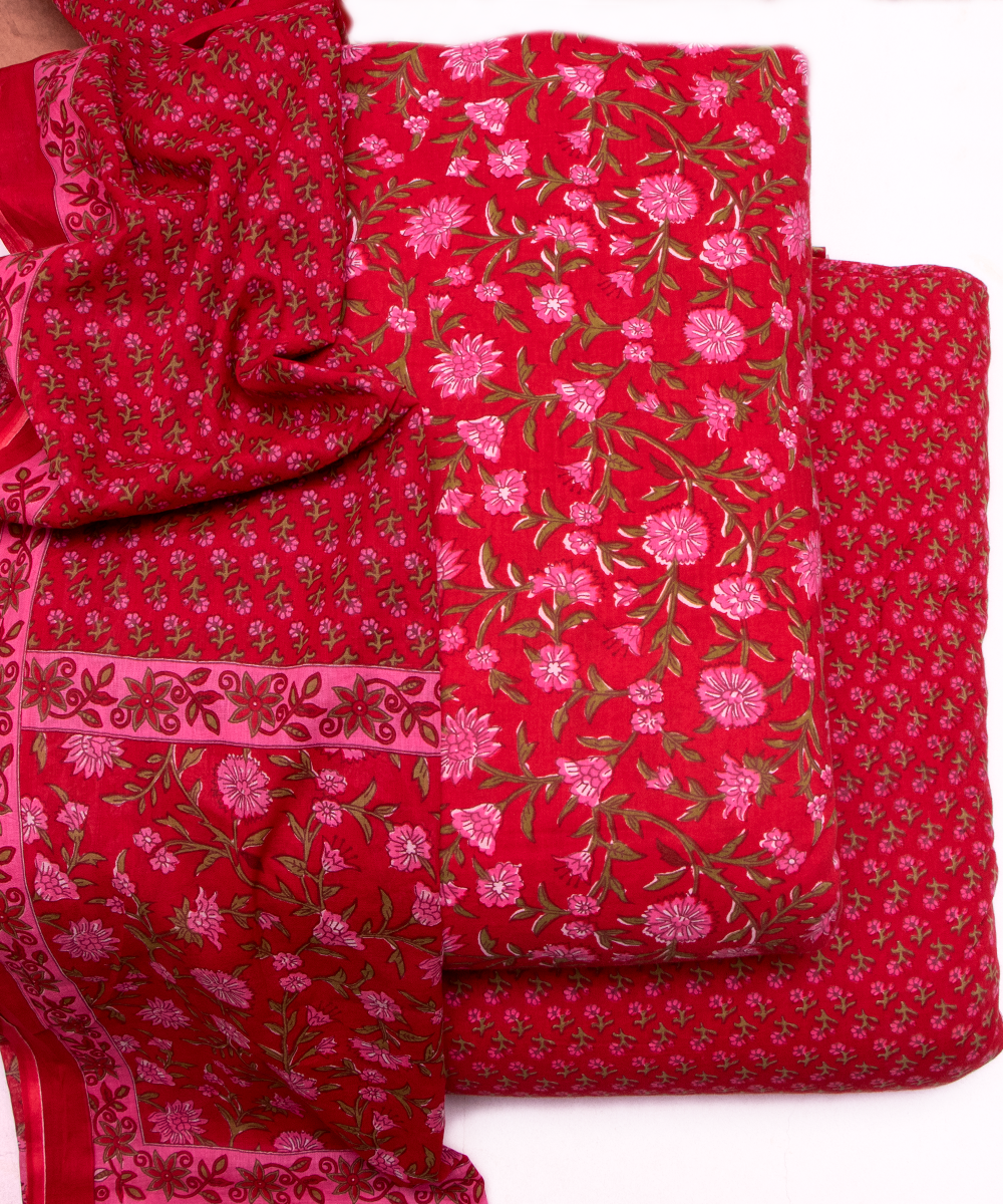 Maroon Color Floral Print 3 Piece Cotton Suit Set