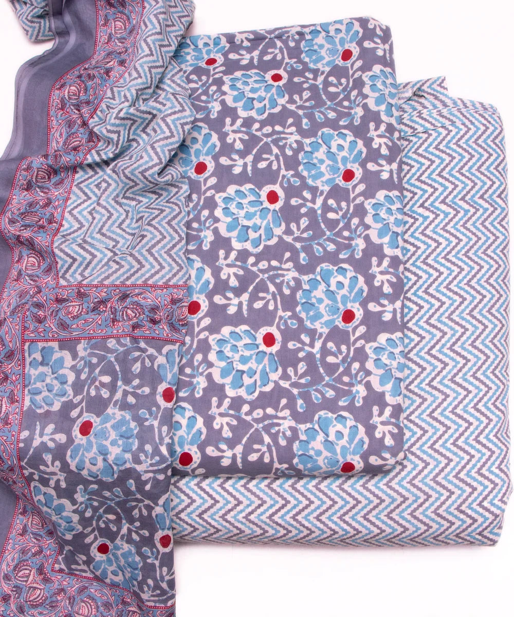 Light Blue Color Floral Print Cotton Unstitched Suit Pieces