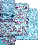 Light Blue Floral Printed Fabric 3 Piece Cotton Suit Set