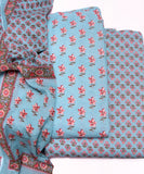 Aqua Blue Floral Printed Fabric 3 Piece Cotton Suit Set