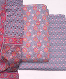 Light Grey Floral Printed Fabric 3 Piece Cotton Suit Set