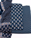 Dark Teal Blue Floral Printed Fabric 3 Piece Cotton Suit Set