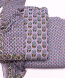 Stone Grey Printed Fabric 3 Piece Cotton Suit Set