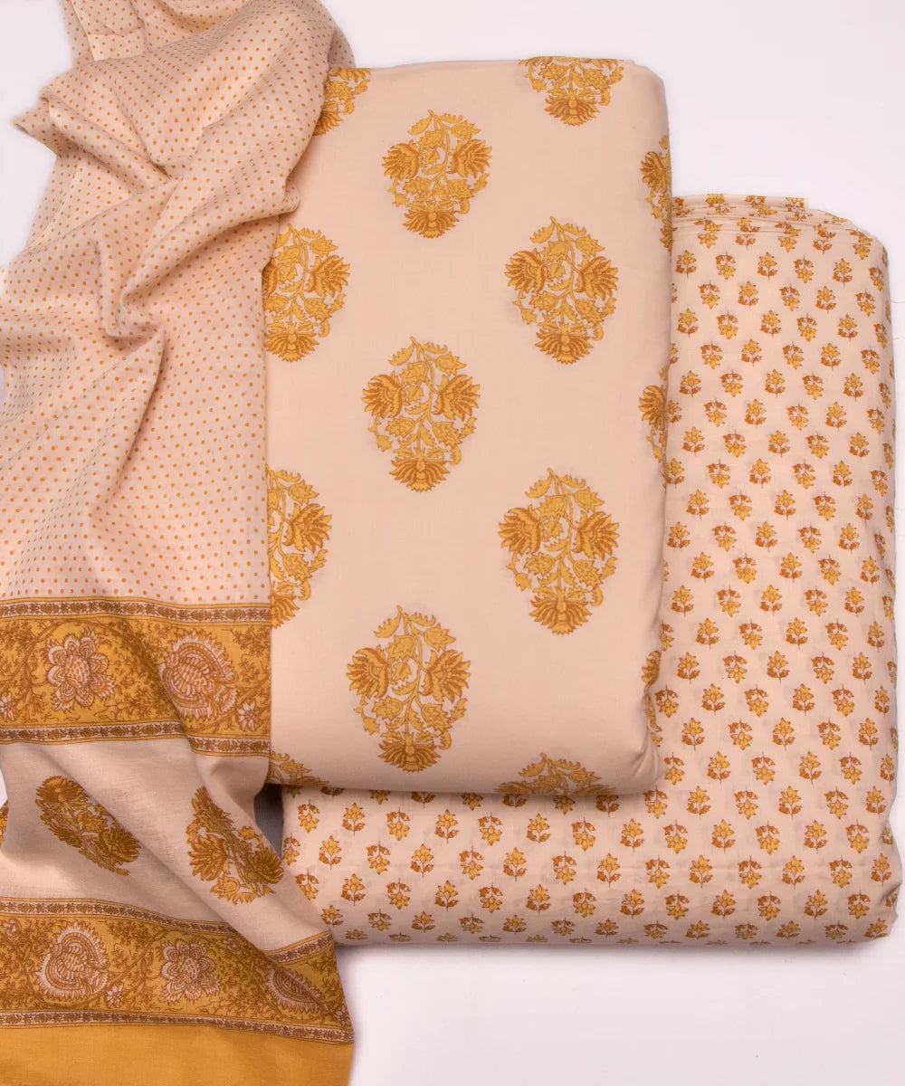 Cream Floral Print Printed Cotton Suit