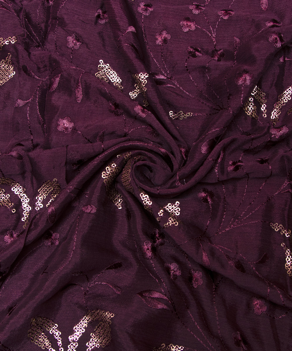 Wine Colour Thread Sequin Embroidery Pure Chinon Silk Fabric