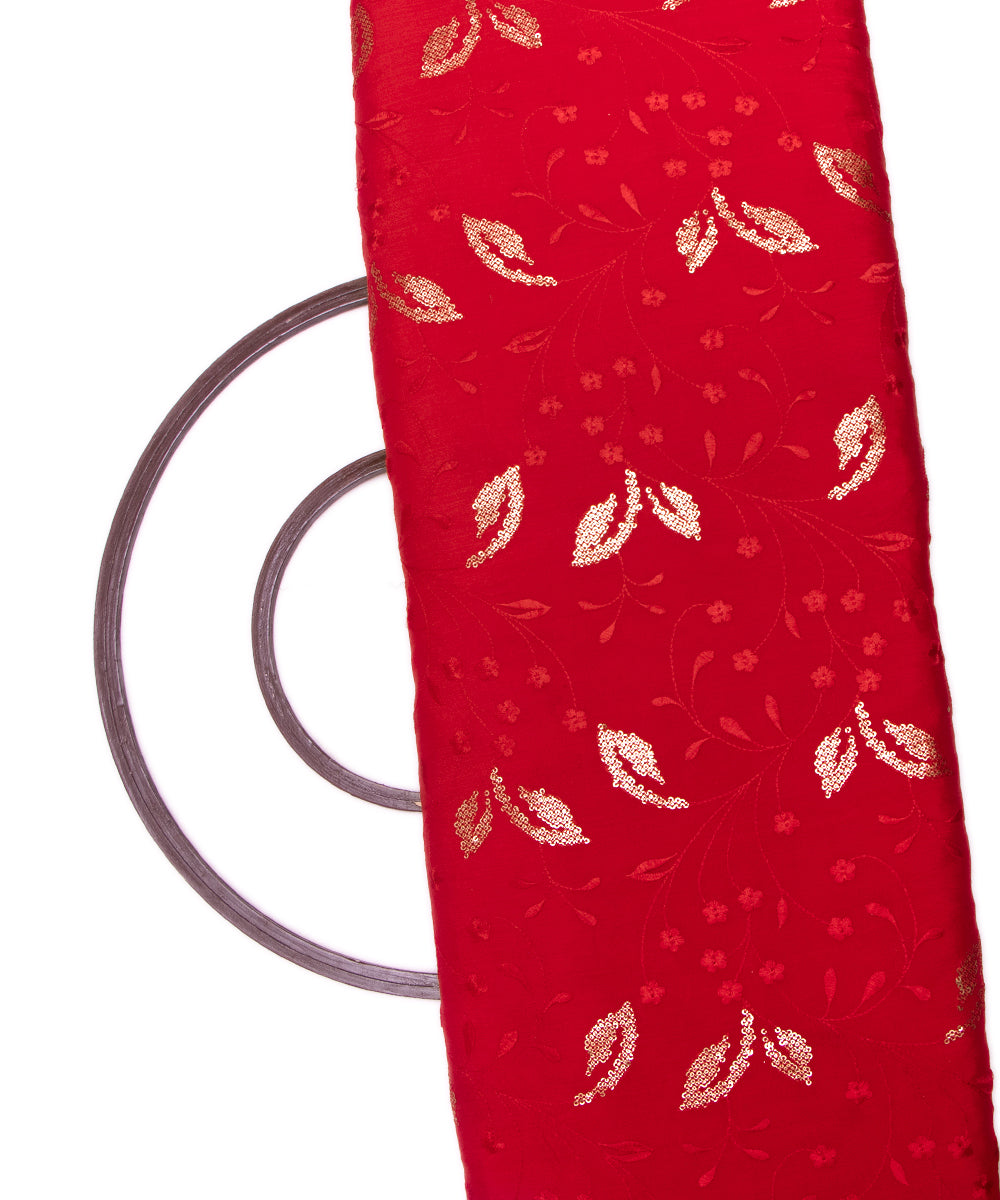 Red Colour Thread Sequin Embroidery Pure Chinon Silk Fabric