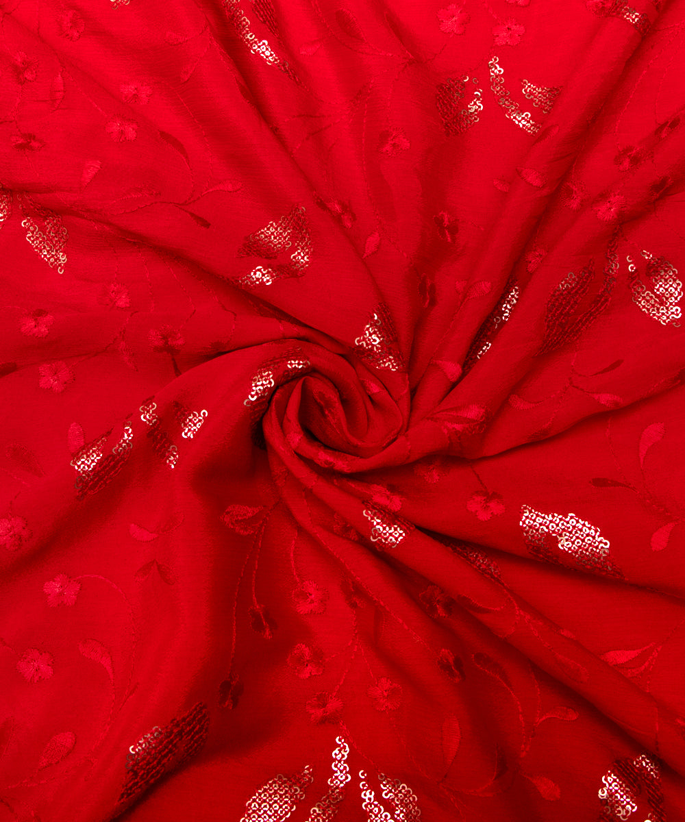 Red Colour Thread Sequin Embroidery Pure Chinon Silk Fabric