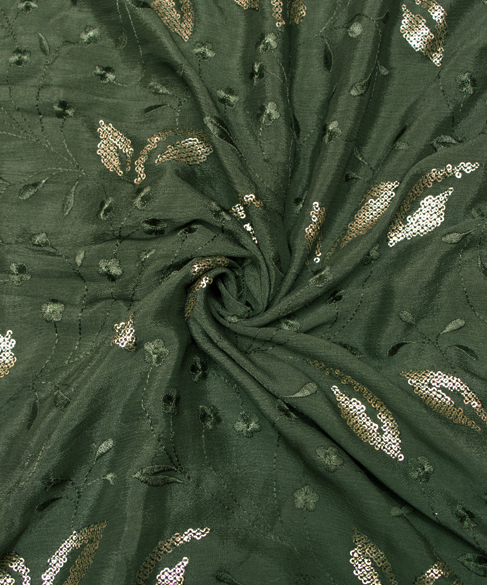 Green Colour Thread Sequin Embroidery Pure Chinon Silk Fabric