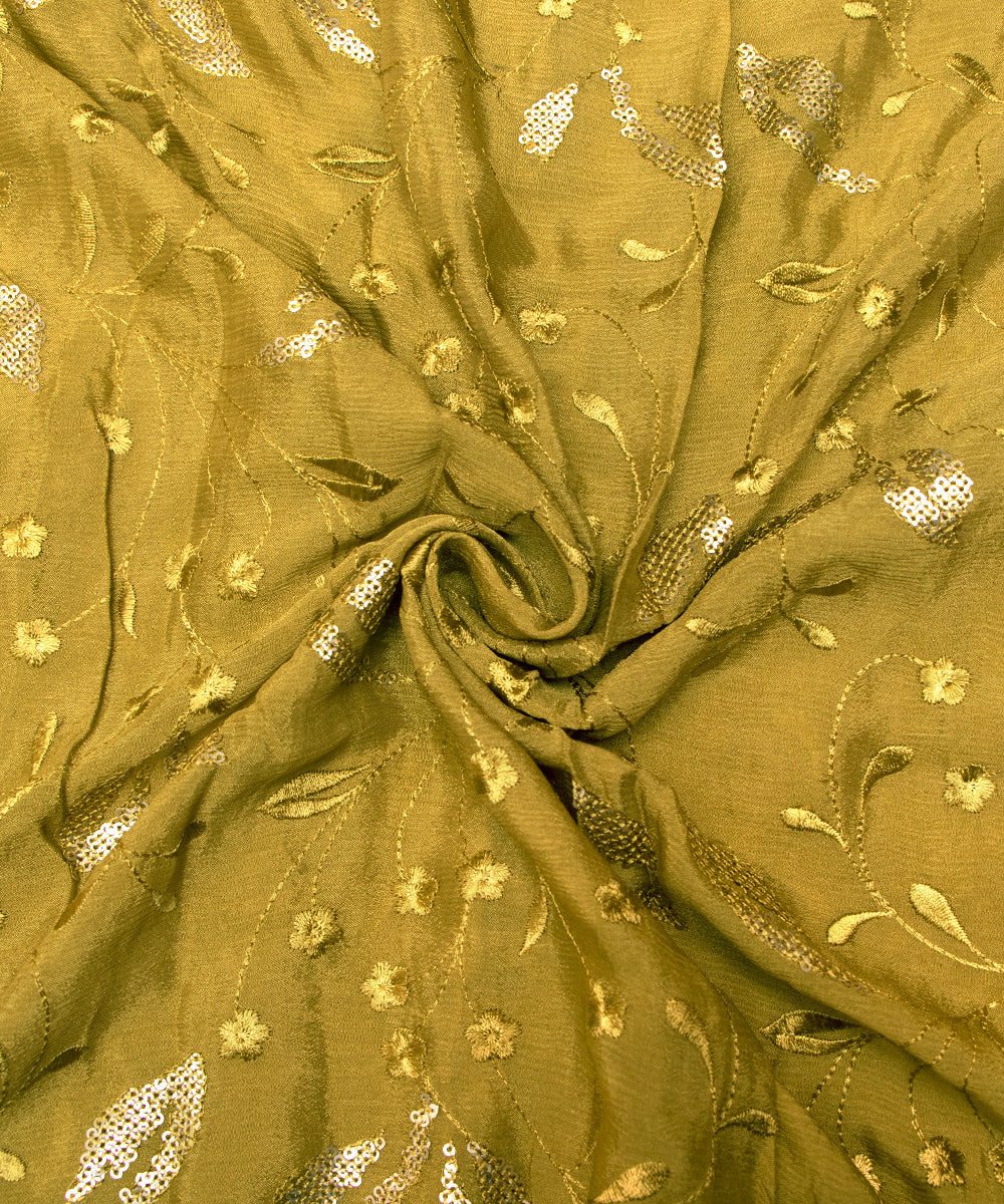 Mehandi Green Colour Thread Sequin Embroidery Pure Chinon Silk Fabric