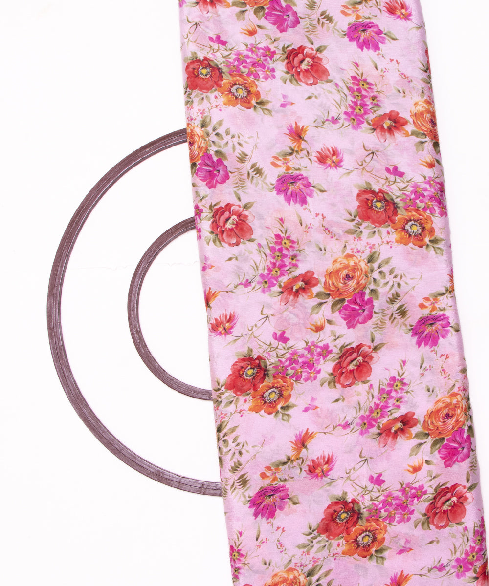 Pastel Pink Colour Digital Floral Print Viscose Chinon Silk Fabric