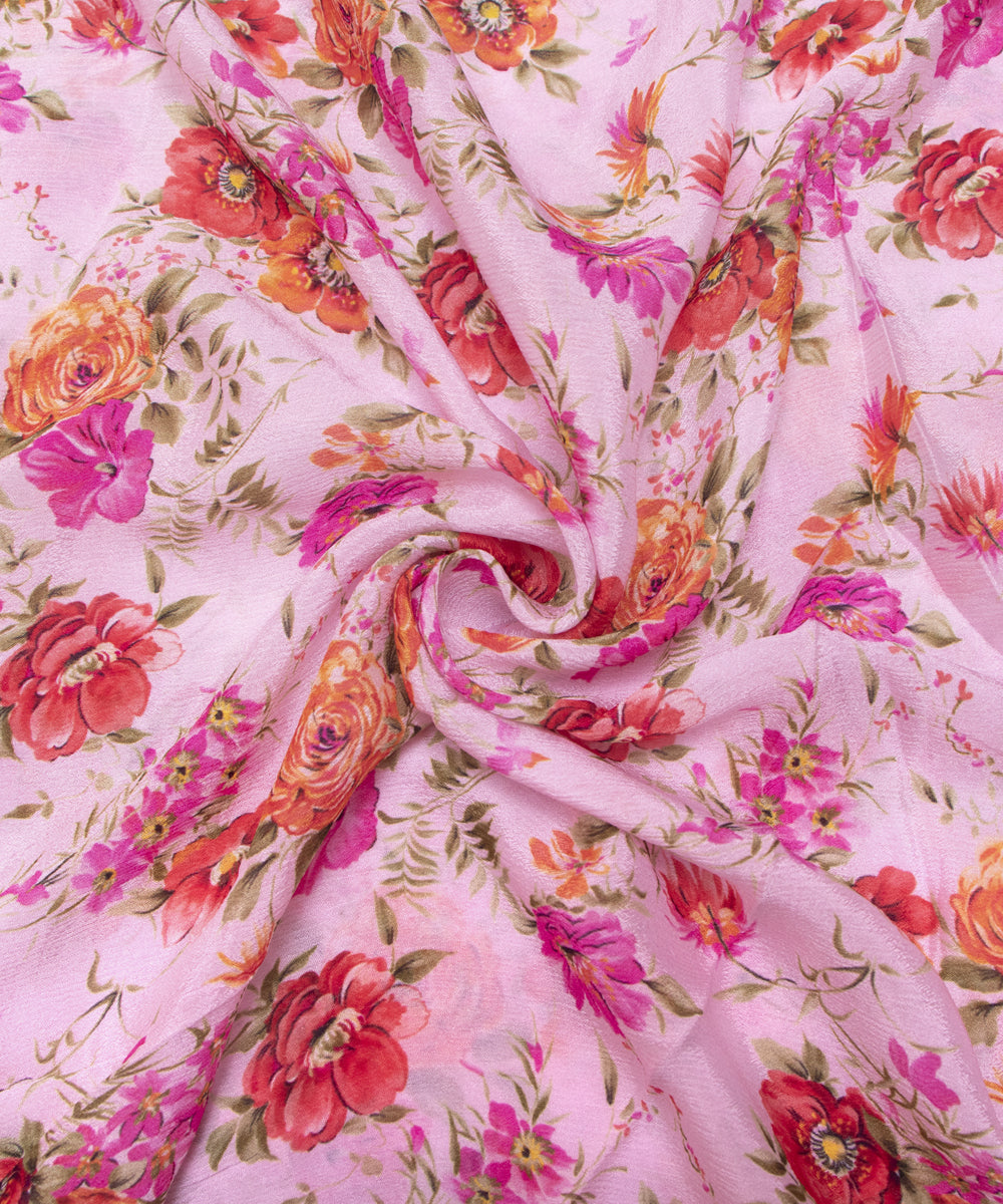 Pastel Pink Colour Digital Floral Print Viscose Chinon Silk Fabric