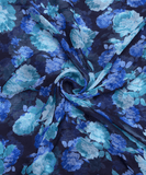 Dark Blue Color Floral Screen Print Chiffon Fabric