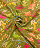 Olive Green Floral Digital Printed Chinon Silk Fabric