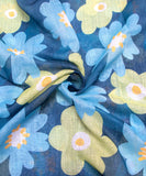 Navy Blue Floral Printed Cotton Linen Fabric