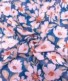 Teal Blue Floral Printed Cotton Linen Fabric